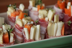 Rodfrugter med timian og bacon (Salt, peber og lidt olie)