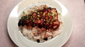 Char Siu - Serveringsforslag, pyntet med lidt forårsløg